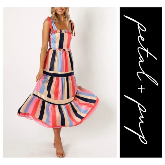 Petal and Pup Dresses & Skirts - Petal + Pup Multicolored Striped Satin Smocked Back "Cobella" Maxi Dress 6 NWT